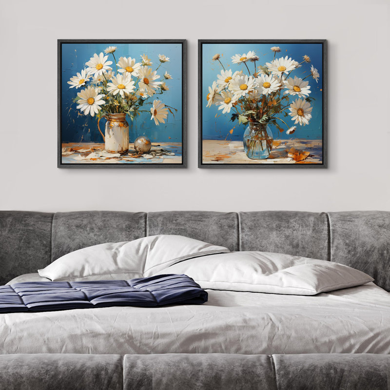 Ensemble de 2 fleurs de marguerite sur fond bleu, Cadre flottant noir, H 24 po x l 24 po