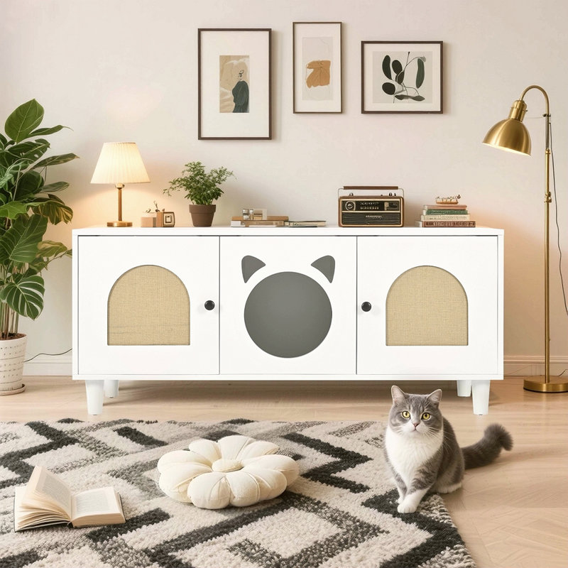 Armoire pour chat moderne en bois avec griffoir en sisal, litière pour chat avec rangement, table d'appoint blanc crème