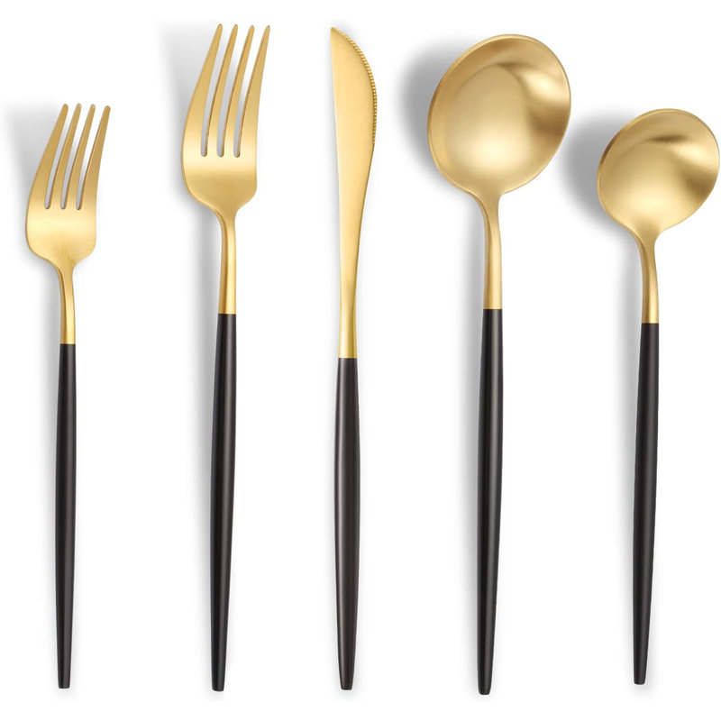 Ensemble de couverts 30 pièces en acier inoxydable noir mat pour 6, ensemble de coutellerie moderne robuste avec finition satinée brossée, va au lave-vaisselle, couteaux, fourchettes, cuillères