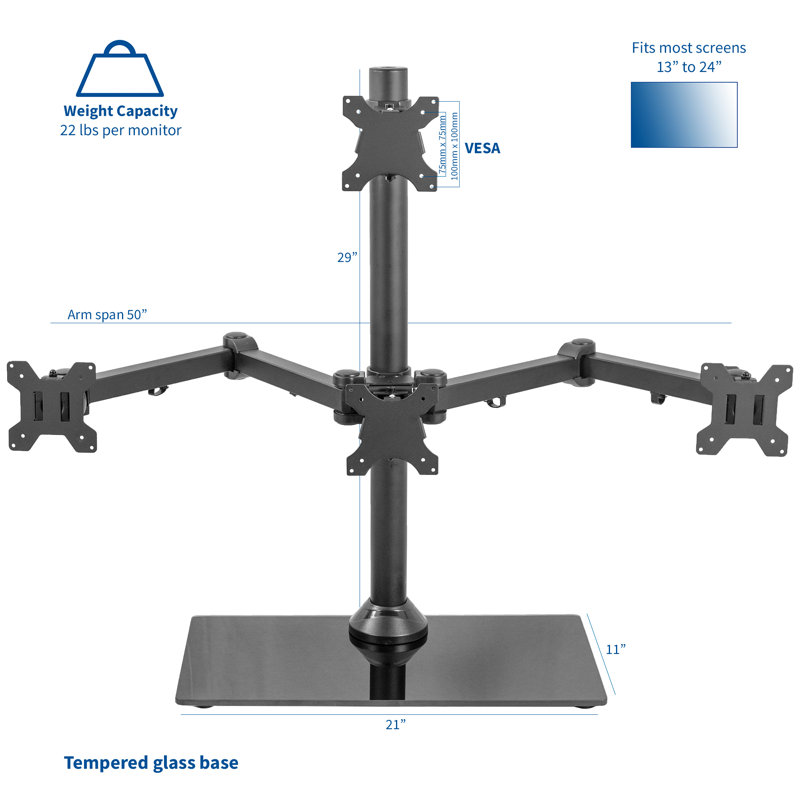 Black Steel Quad Freestanding Monitor Mount with Glass Base