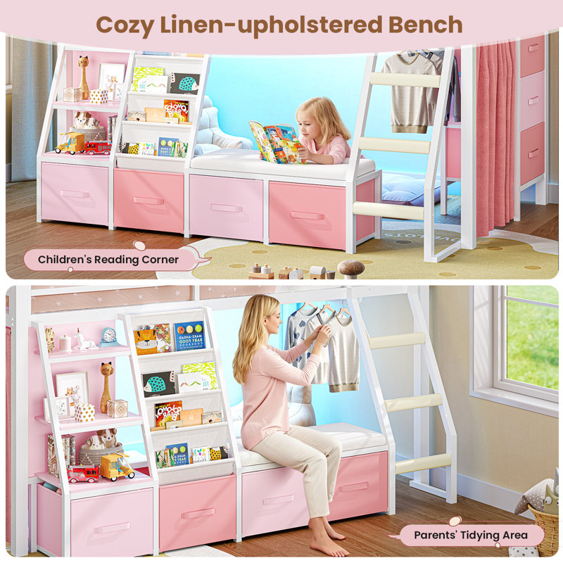 Low Loft Bed with Built-in Cushioned Seat & LED Reading Corner & 7 Storage Drawers & Bookshelves Metal Under-bed Play House Captain Bed with Curtain