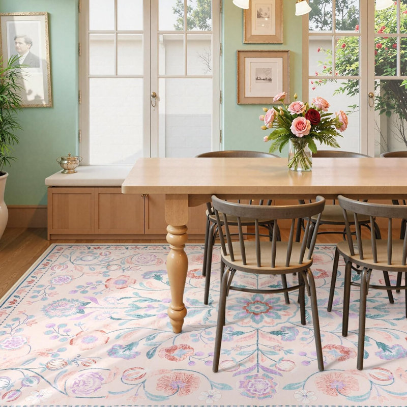  Floral Washable Area Rug Non-Slip Stain Resistant Low-Pile Boho Large Indoor Throw Carpet, Rectangle 8' x 10'