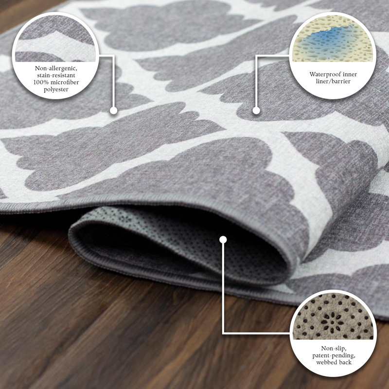 Elegant Gray Trellis 5' x 7' Washable Non-Slip Rug