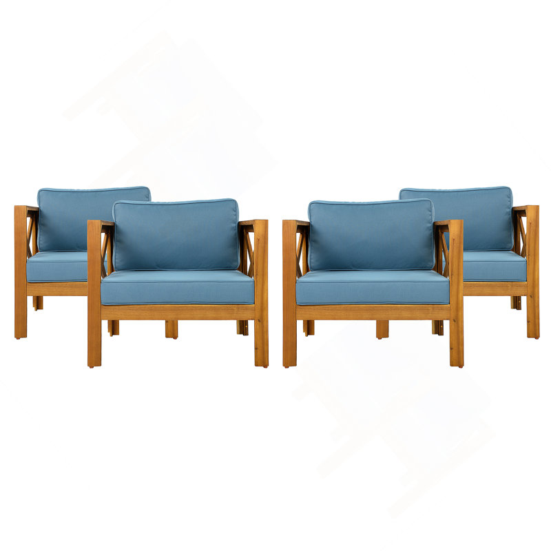 Fauteuil club d'extérieur en bois d'acacia avec coussins (ensemble de 4), ensemble de conversation, convient aux rassemblements extérieurs, finition teck, coussin bleu