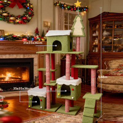 Arbre à chat 74,5 "H Cozy Fun, tour pour chat à plusieurs niveaux avec poteaux à griffer et 3 grottes, condo pour chat d'intérieur pour familles multi-chats, vert et blanc