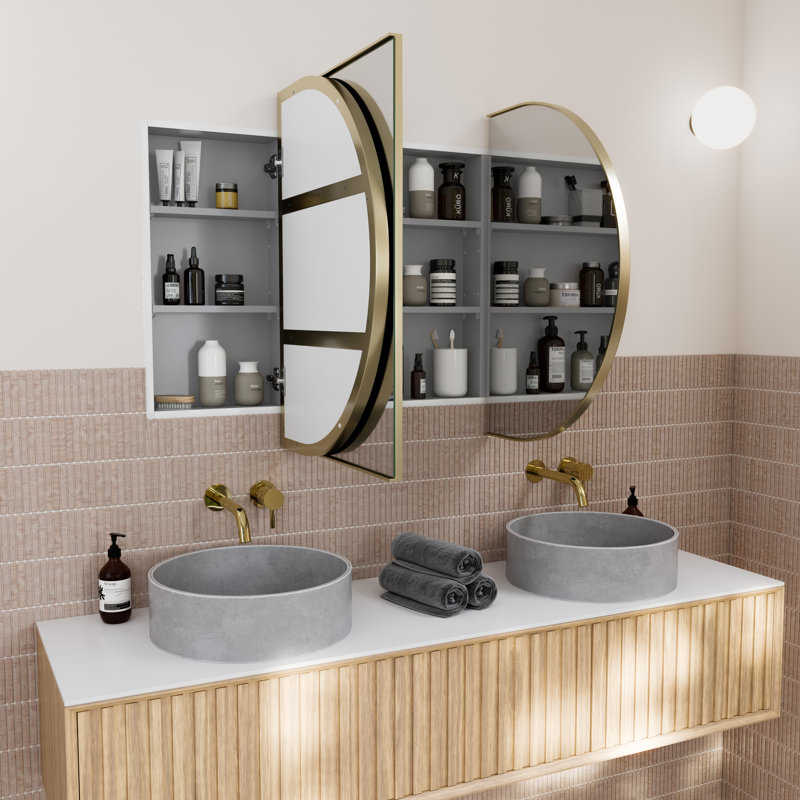 Recessed Framed 2 of Doors Medicine Cabinet with Adjustable Shelves, Satin Brass