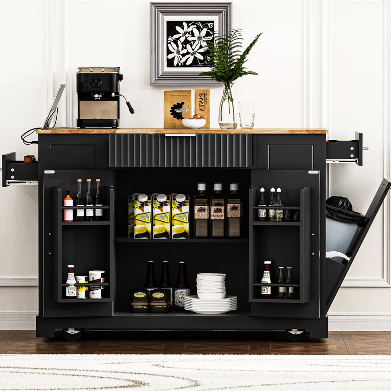 Îlot de cuisine polyvalent avec rangement pour poubelle, bloc d'alimentation, 3 tiroirs, ouverture latérale, 5 mouvements, boîte dissimulée de style noir, prise de courant,