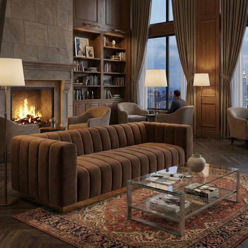 Canapé en velours de luxe Foxy avec bordure en laiton, l 87 po, entièrement assemblé, Marron foncé