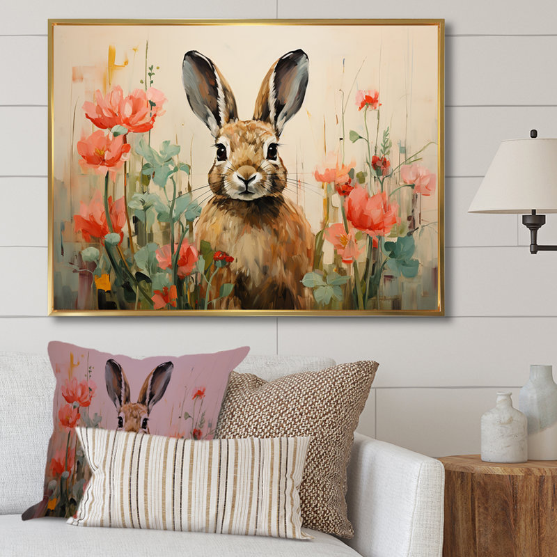 Curious Floral Rabbit Meadow I - Lapin, art mural animal, H 30 po x l 40 po x P 1,5 po, Cadre flottant doré