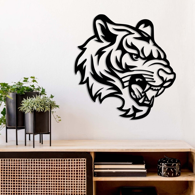 Art mural en métal tête de tigre rugissant - décoration murale de grand chat sauvage - sculpture de tigre de la jungle féroce - safari, décoration rustique à la maison - décoration murale en fer industriel moderne - œuvre d'art sauvage audacieuse 
