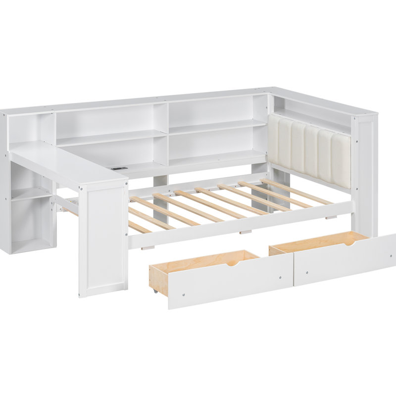 Twin Size Platform Bed In Wood, With Upholstered Headboard, Storage Shelves, Drawers, Charging Station, Led Lights And Table, White  Wood - Sized Comfortable Head, Charging,