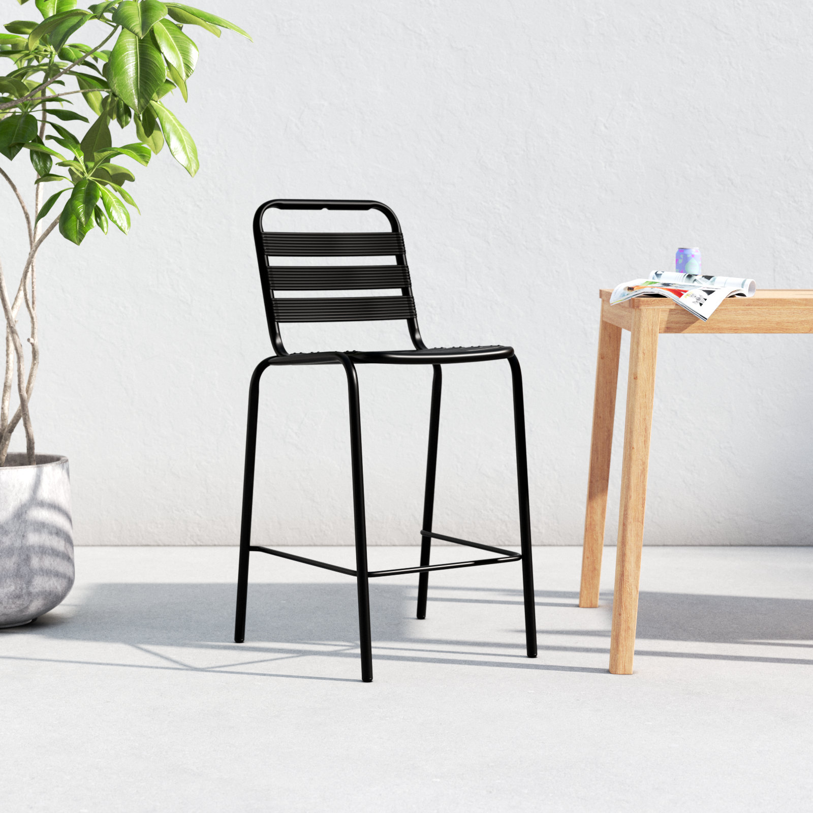 Commercial Indoor-Outdoor Restaurant Bar Height Stool with Metal Triple Slat Back, Black