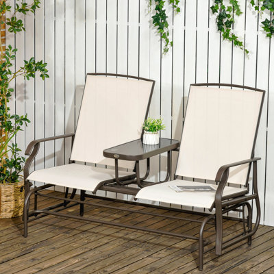 Banc oscillant d'extérieur avec table centrale, causeuse de patio à structure en métal avec tissu en filet respirant et accoudoirs pour le porche de jardin arrière, beige