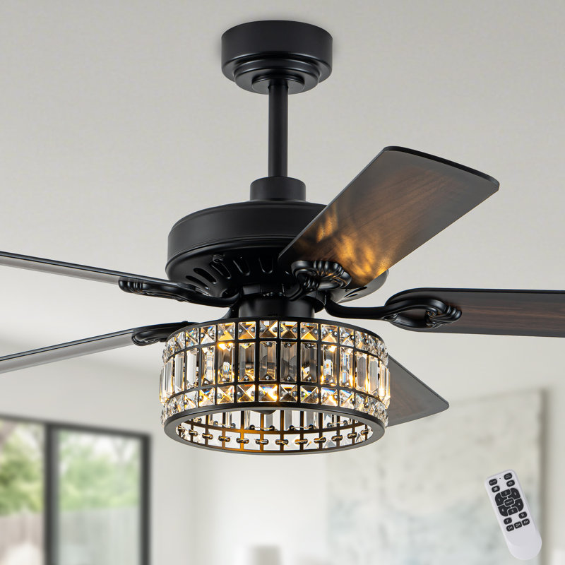 Ventilateur de plafond tambour 52 po en cristal moderne avec lumière et télécommande, moteur à courant continu, 6 vitesses, pales réversibles pour chambre à coucher, salon