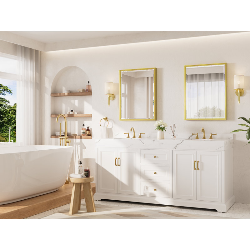 Miroir de salle de bain rectangulaire biseauté avec cadre décoratif en aluminium, Or brossé, 32 po x 24 po