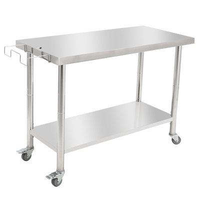 Table de préparation en acier inoxydable 48 po x 48 po avec roues verrouillables, table de travail commerciale robuste avec tablette réglable et support à ordures amovible, îlot de cuisine pour restaurant, boulangerie, maison