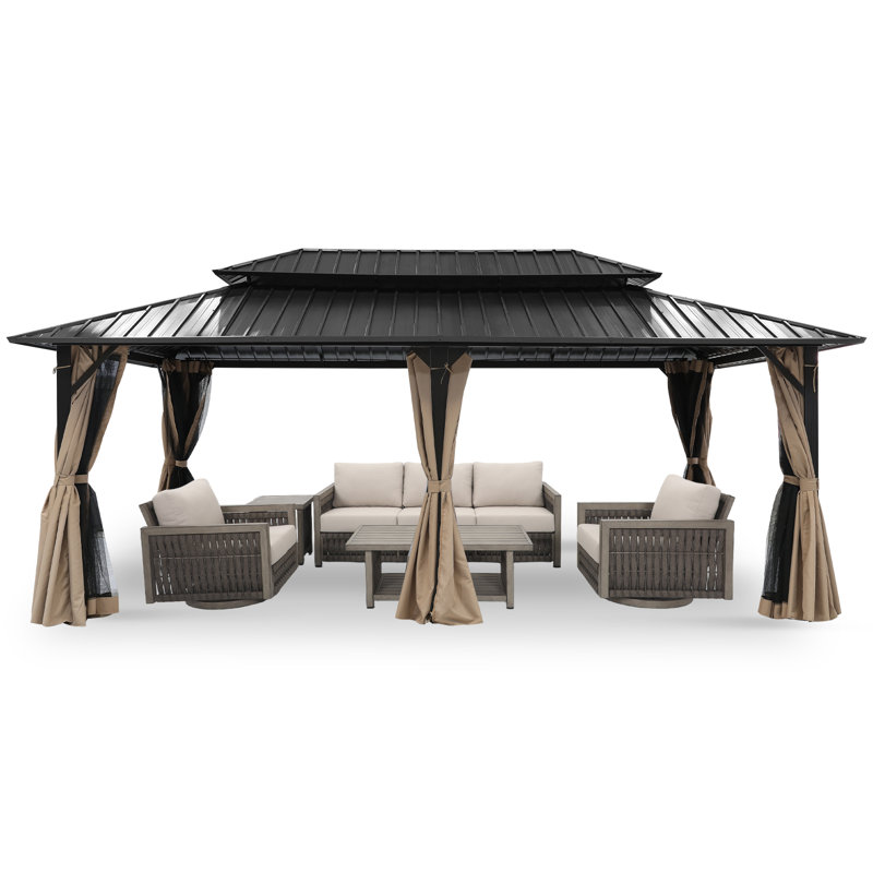 SeeHill 12' x 20' Hardtop Gazebo, Outdoor Patio Gazebo, Aluminum Frame Patio Hardtop Gazebos with Netting and Curtain, Outdoor Patio Pergola with Double Steel Roofs for Deck, Lawns, Parties, Sandstone