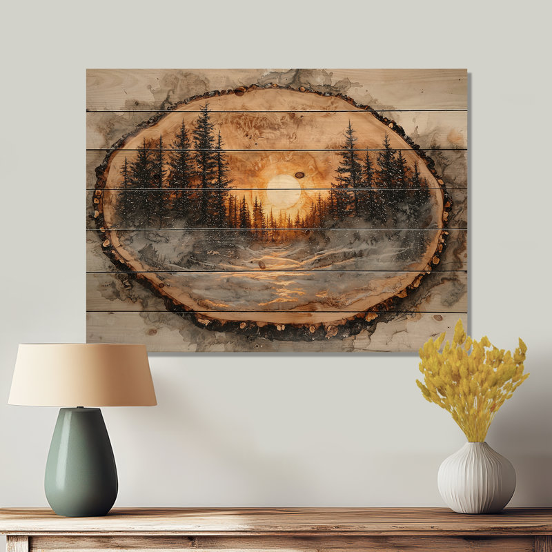 Sunrise Pine Tree on Wooden Tree Slide II - Art mural bois de forêt - sur bois de pin naturel, H 24 po x l 32 po x P 0,78 po