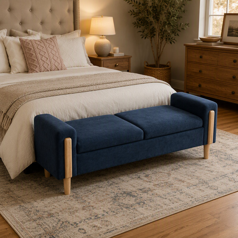Lit de jour moderne avec rangement double rembourré, tissu en chenille et pieds en bois d'hévéa
