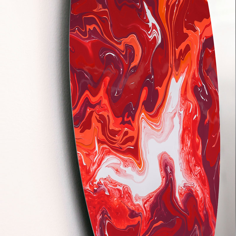 Red and White Marble Ripples - Art mural moderne en cercle métallique, H 23 po x l 23 po x P 1 po
