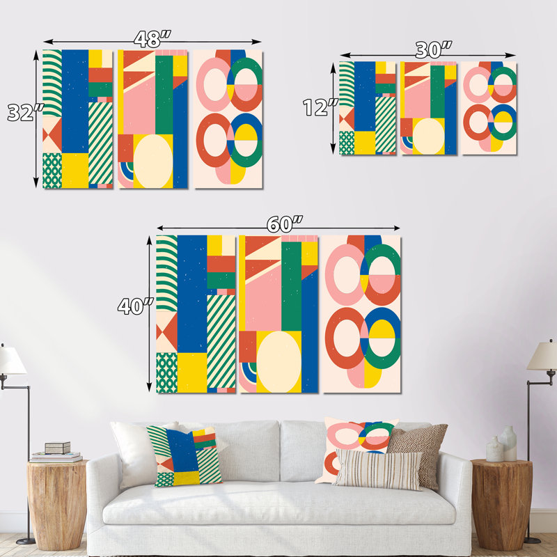 «Retro Abstract Minimal Colorful Geometrics I», ensemble d'art moderne Mid-Century de 3 pièces, H 28 po x l 36 po