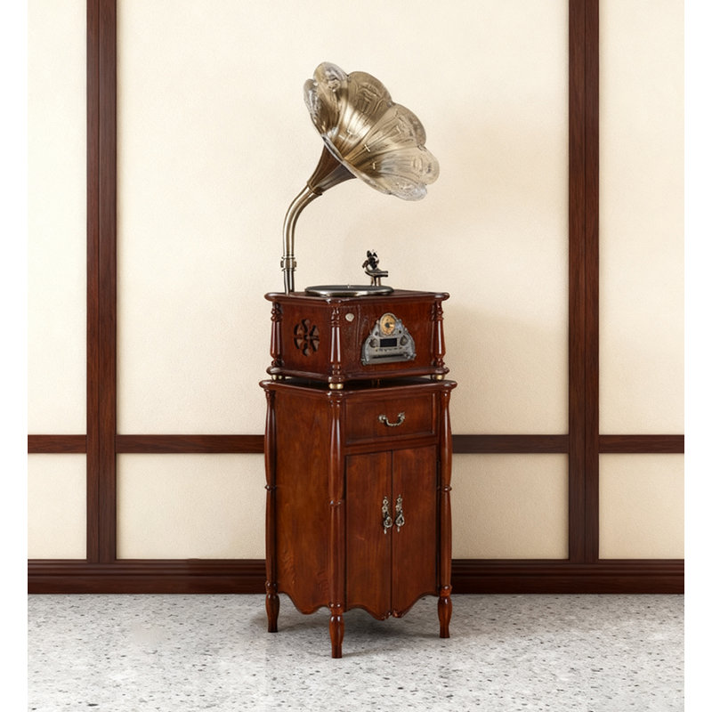 Élégant rétro Gramophone en bois d'hévéa - platine en laiton corne antique avec Bluetooth et rangement