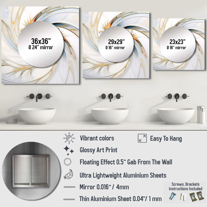 «Fractal Flower Joy In Cosmic White VI», art mural miroir carré pour salle de bain, 36 po x 36 po