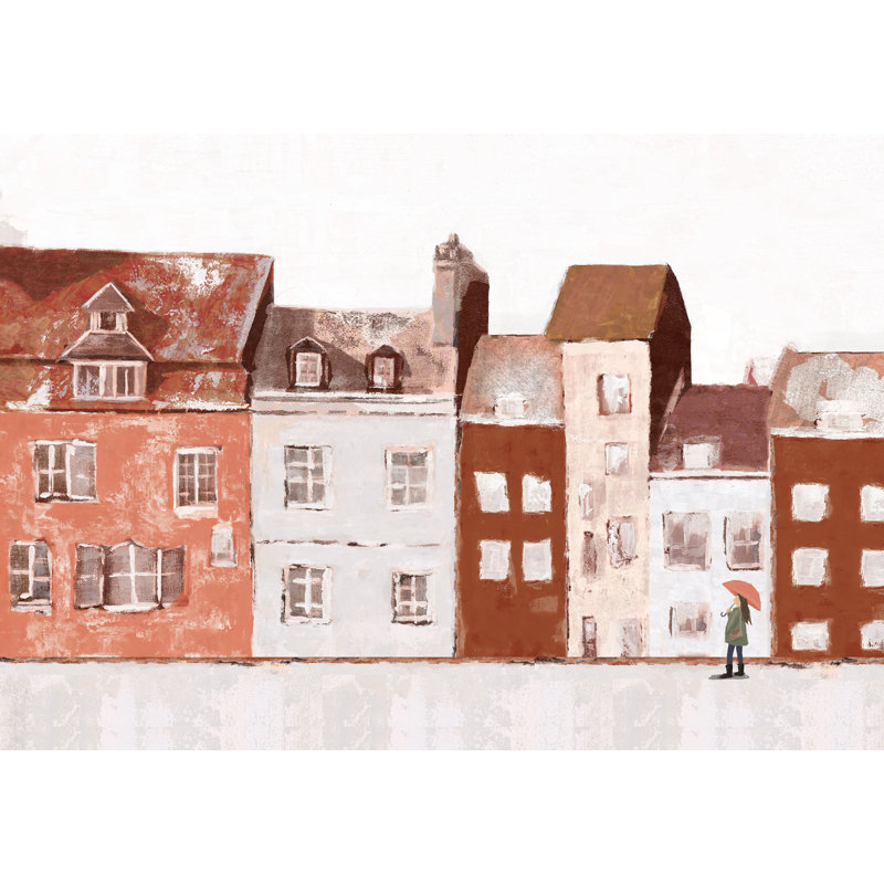 Girl Walking Along Buildings - Painting Print, 61cm H x 91cm W, Black Floater Framed