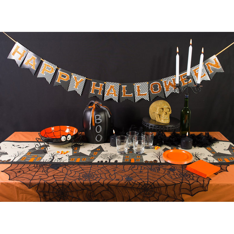 Cotton Haunted House Table Runner, 14x72, Halloween Decor