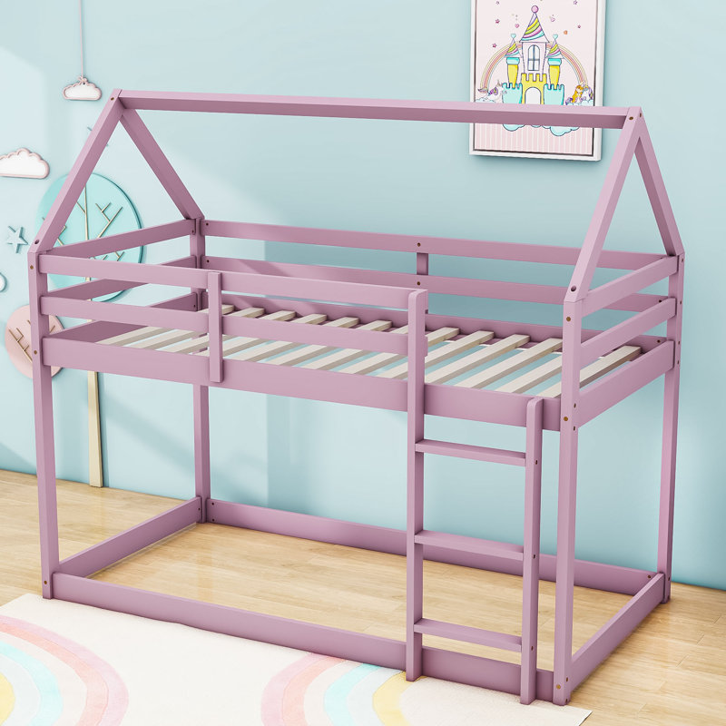 Twin Over Twin  Wood House-Shaped Floor Bunk Bed With Ladder And Guardrails, Pink