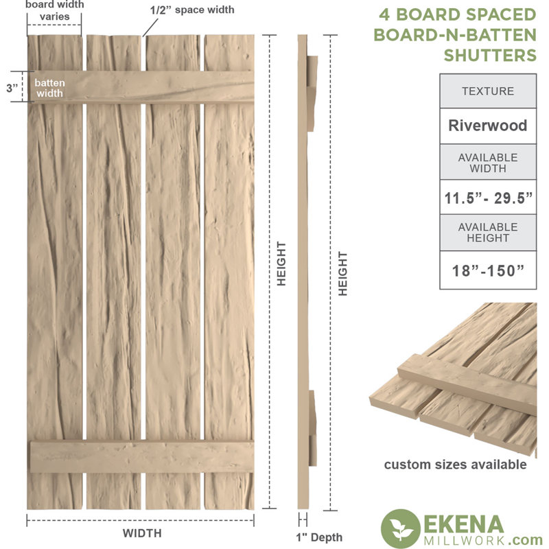 Volets rustiques en faux bois à quatre planches espacées (par paire), Texture Riverwood / brun clair apprêté, 23"
