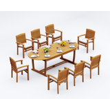6 Seats 7 Pcs Grade-A Teak Wood Dining Set: 94" Mas Oval Trestle Leg Table And 6 Wave Stacking Arm Chairs #11WV2306
