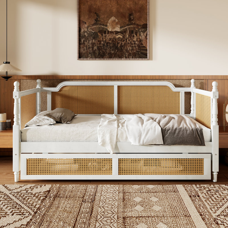 Rattan Daybed With Pine Wood Frame And No Box Spring Needed, Antique White