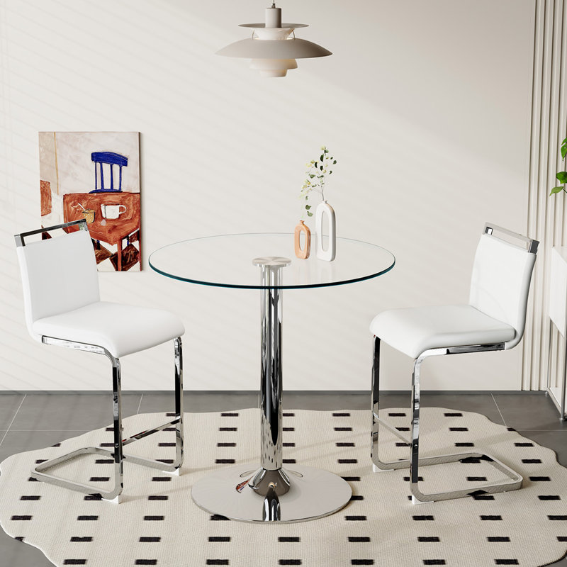 Bar Table And Chairs Set For 2, White/Silver, Silver