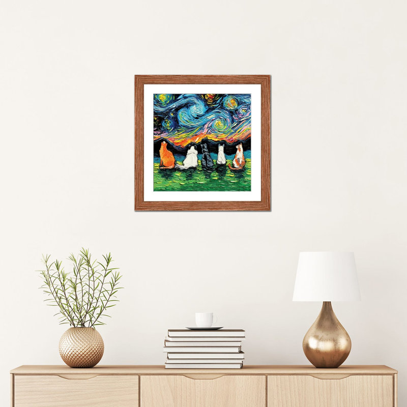 «Starry Cats» par Aja Trêves - reproduction d'art sur, H 16 po x l 16 po x P 1 po, Papier encadré doré