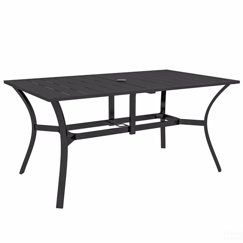 Table de salle à manger rectangulaire pour 6 personnes, table de patio rectangulaire en acier avec trou pour parasol, structure en acier