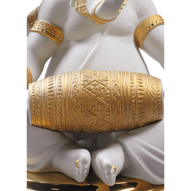 Mridangam Ganesha Figurine, White/Gold