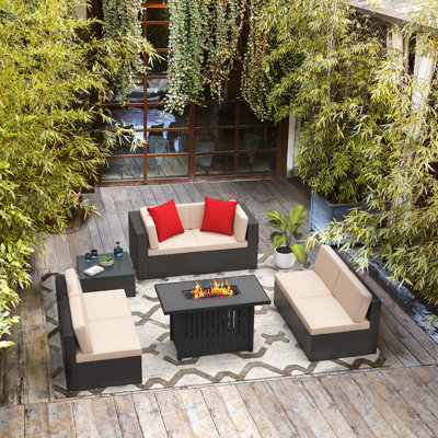 Ensemble de conversation pour 6 personnes avec ensemble de conversation en rotin pour 6 personnes avec table de foyer d'extérieur au propane 43 000 BTU