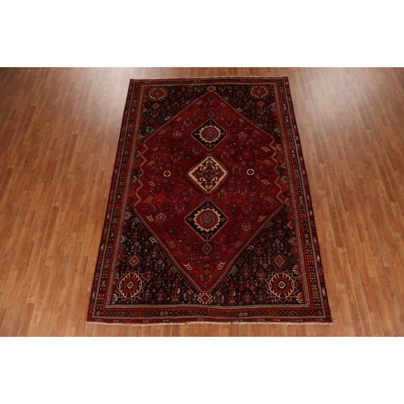 Tapis rouge unique en laine noué à la main de style années 1950 de 7 pi 0 po x 10 pi 3 po Solares