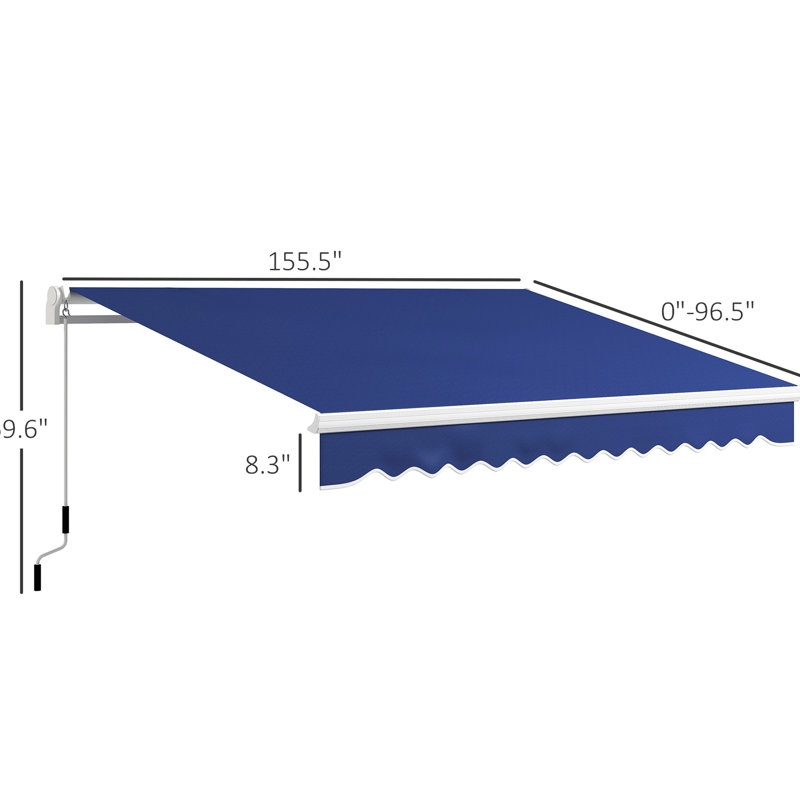 13' X 8' Retractable Deck Awning - Dark Blue. & Water- Cover. Manual Crank. Aluminum Frame. For Balcony, Yard. Multi-Surface Mounting Options. Adjustable Sun Shelter. Heat Reducing. Versatile