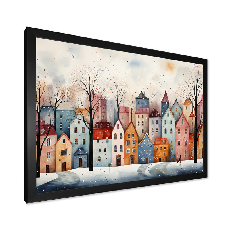 Multicolor Frosty City In Winter III - Art mural paysage d'hiver, Cadre d'angle fermé noir, H 12 po x l 20 po x P 1 po