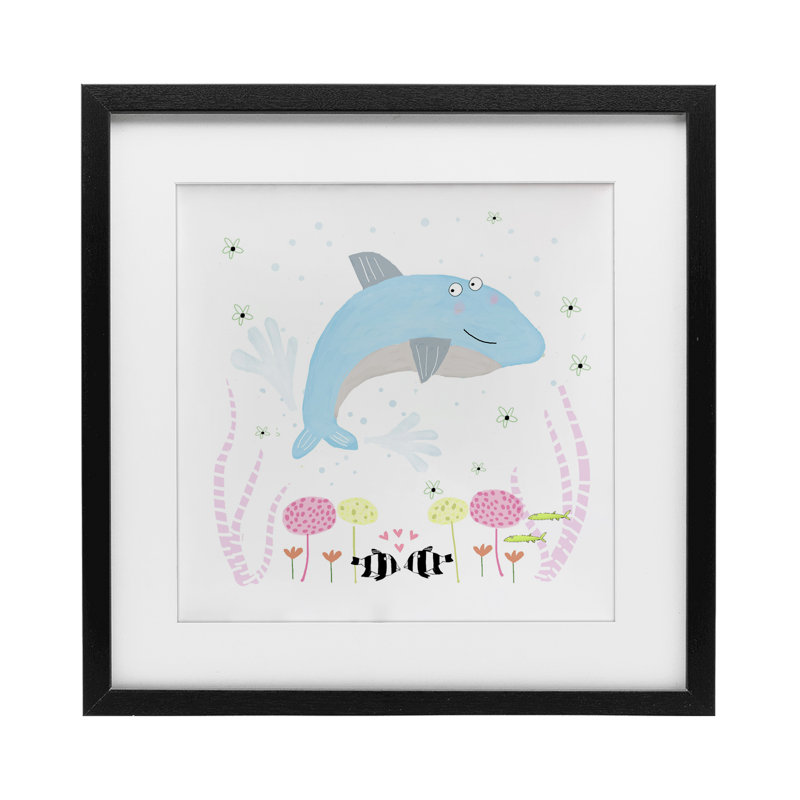 «Baby Dolphin & Flowers», reproduction encadrée sous verre, design par Carla Daly, H 13 po x l 13 po, Cadre noir minuit