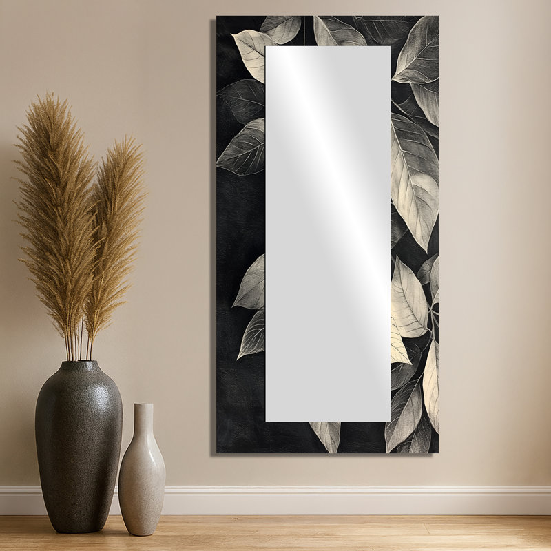Grey Rustling Autumn Leaves II - Floral Mirror Wall Art - Printed On Metal, 28" x 55"