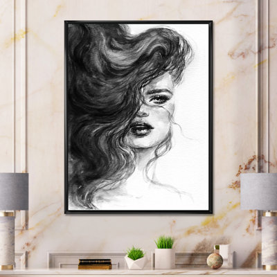 Portrait monochrome d'une femme aux cheveux ondulés - œuvre d'art sur toile Glam