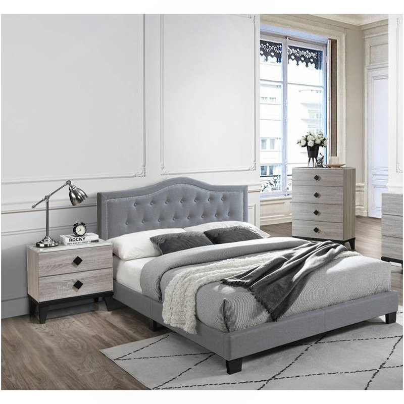 Mobilier de chambre à coucher européen en velours de lit double de style européen, Gris, Lit double