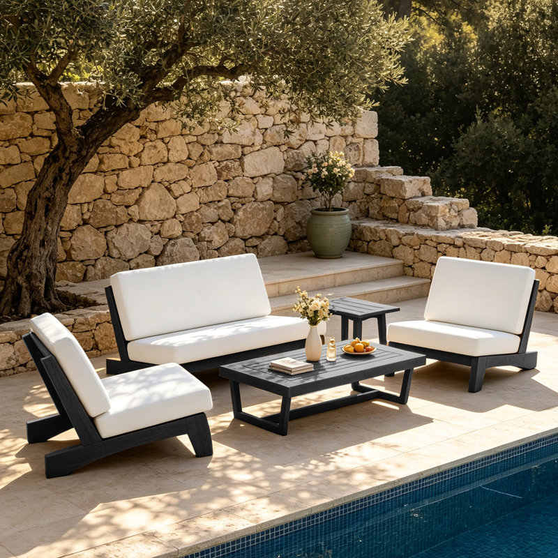 Ensemble de conversation Polett, 5 pièces: 2 tables, causeuse, 2 chaises, Beige, Noir