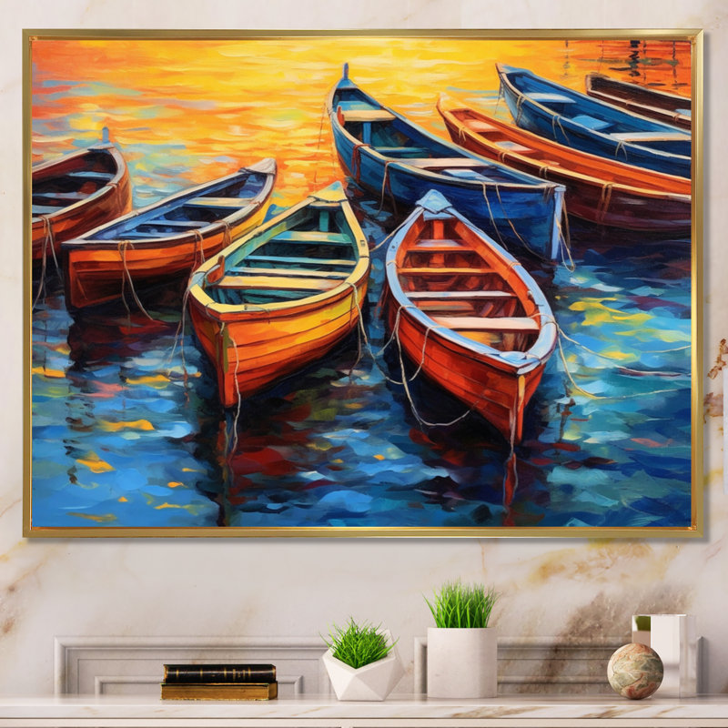 Bateaux dans le port I - art mural grand port côtier, Cadre flottant doré, H 12 po x l 20 po x P 1 po