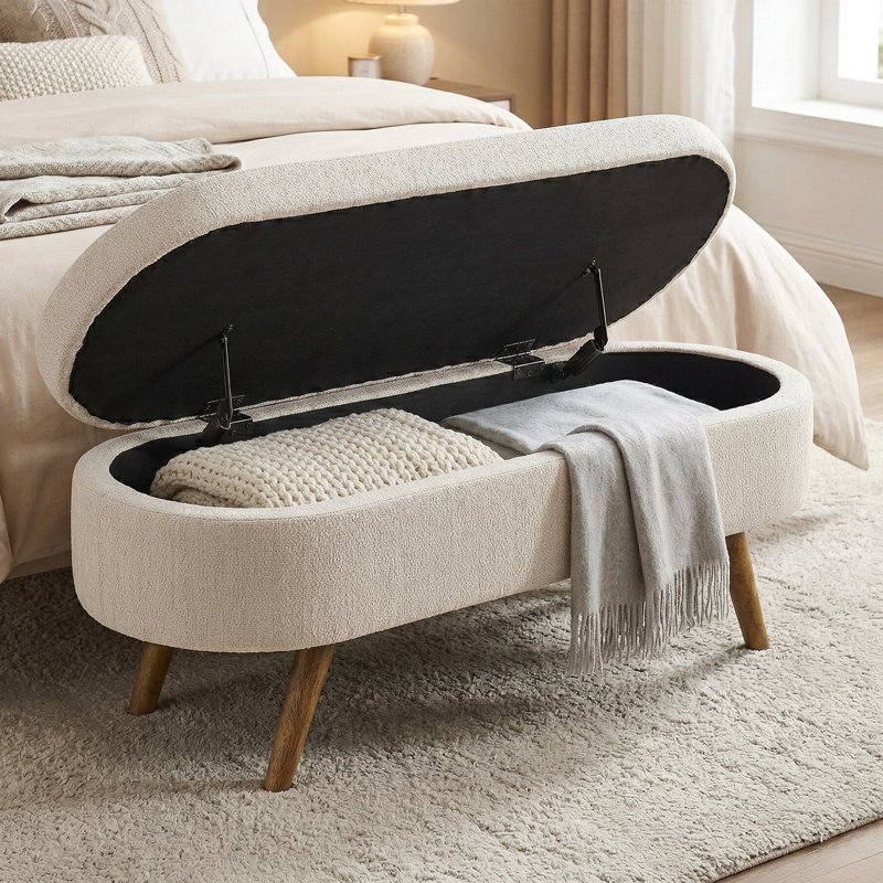 Elegant Minimalist Designed Linen Upholstered Storage Bench With Flip-Top Cabinet, White Incorrect