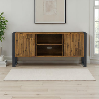 Console multimédia à 2 portes et 2 étagères en bois d'acacia massif de 60 pouces