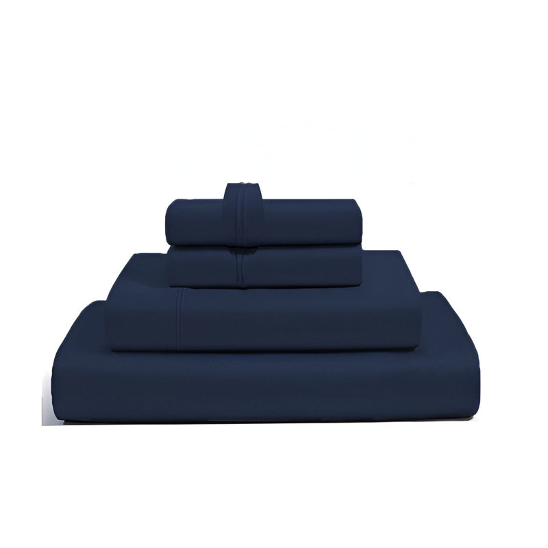 400TC Luxurious Double Embroidery Sateen Solid Cotton 4 Piece Sheet Set Fitted Sheet Fits Upto 16" Deep Pocket, Navy Blue